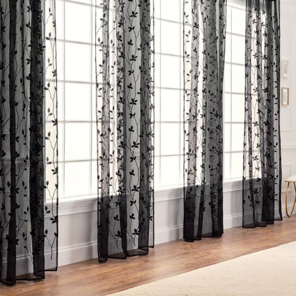 Chanasya -  2pk Embroidered Vine Sheer Window Curtain Black